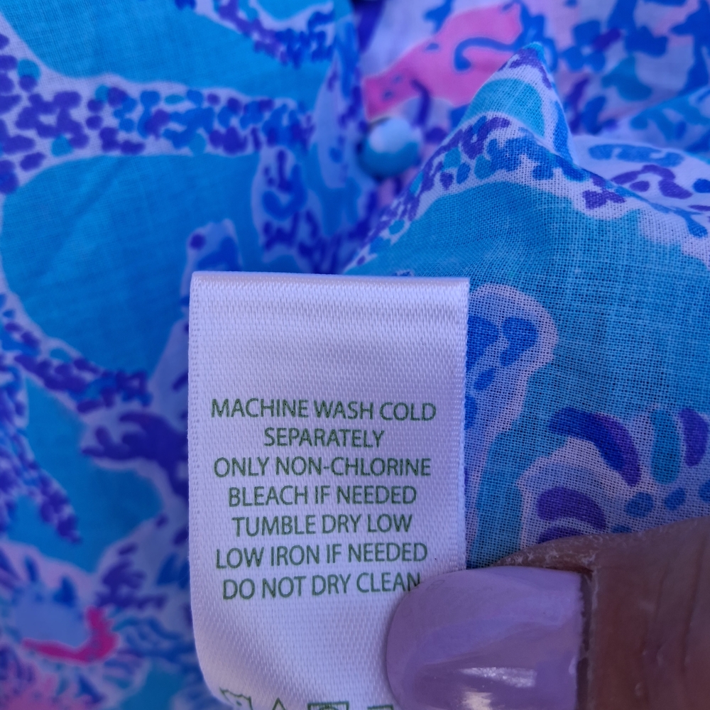 💮 Lilly Pulitzer Blue Pink Coral Print Button Down Blouse L 100% Cotton Flowy - Picture 7 of 10
